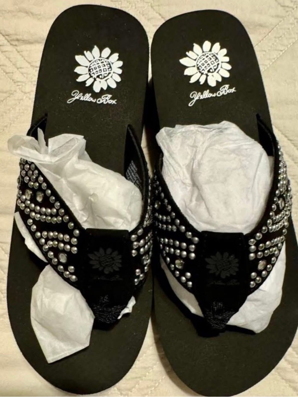 NEW Stylish Yellow Box Black Studded Thong Sandals with Silver Accents
